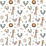 Fototapeta Dziecięca - Watercolor childish seamless pattern with cute jungle animals: elephant, lion, giraffe and birds isolated on white background.