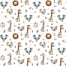 Watercolor Childish Seamless Pattern With Cute Jungle Animals: Elephant, Lion, Giraffe And Birds Isolated On White Background.