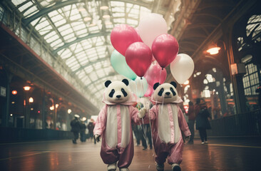 Two female panda mascots holding balloons in an indoor train station.