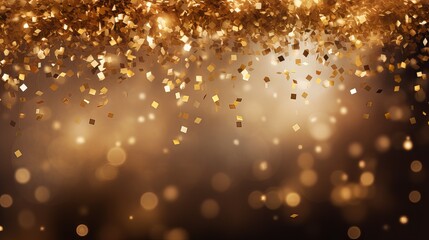Wall Mural - Golden bokeh confetti background for celebration. Happy new year celebration banner. Falling gold particles. 