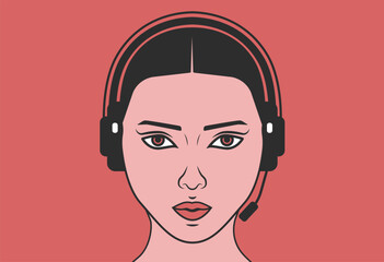 Avatar of woman call centre operator with headset. Woman operator in headphones with microphone on a red background. Operator tired, angry, red eyes. eps10