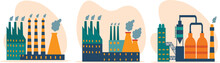 Industrial Factory Building Illustration Set. Industrial Buildings With Smoke Pipes Thermal Power Plants, Warehouse.
