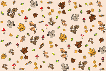 Sticker - Illustration, Pattern of autumn object on soft brown background.