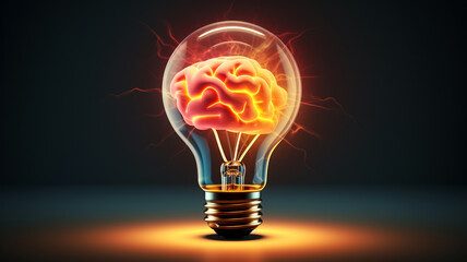 Wall Mural - light lamp and human brain on dark background, idea innovation