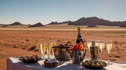 Poster -  Luxury Champagne breakfast ready for tourists in the Namib Desert near Sossusvlei in Namibia