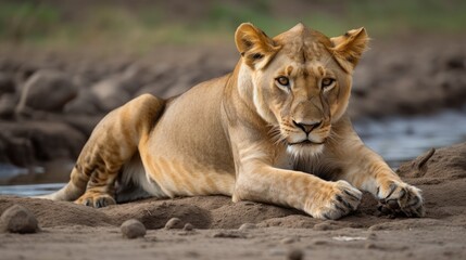 Wall Mural - lion female stretches on the sand river stones in masai mara, kenya
