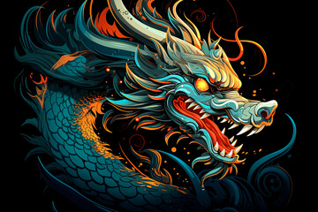 Wall Mural - Fantasy dragon with glowing eyes on a black background. Symbol 2024. Generative AI