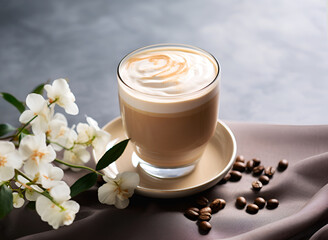 Cup of hot chocolate with whipped cream light grey marble table with white flowers. Cozy winter or autumn hot drink made of grated or melted chocolate or cocoa powder, warmed milk or water, and sugar