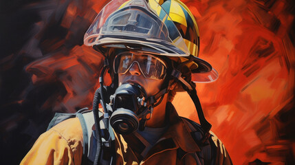 Close up portrait of face firefighter wearing protective uniform and an protective mask