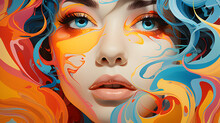 An Illustration Of A Woman Wearing Makeup And Having Blue And Pink Colors, In The Style Of Tristan Eaton, Carlos Cruz-diez, Red And Orange, Exquisite Realism, Close-up Intensity, Hiroshi Nagai, Serene