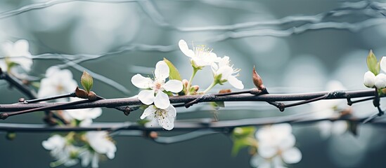 Poster - White blooming tree branches mixed with barbed wire on a blurred spring garden backdrop