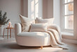 Modern interior of cosy living room with armchair in white and creamy colors. AI generated.