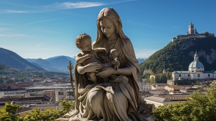 Wall Mural - maria and josef with her baby jesus in salzburg, christus time, salzburg panorama in background