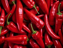 Natural Background Of Fresh Red Chili Peppers. Full Frame. A Quality Product. Healthy Eating. Close-up.