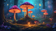 mystical forest with mushroom trees, fireflies all around, fairyland