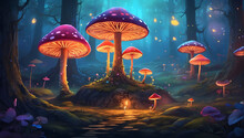 Mystical Forest With Mushroom Trees, Fireflies All Around, Fairyland