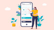 Time management and calendar - Project manager woman standing with calendar on phone screen planning schedule, start and end date on projects. Flat design vector illustration