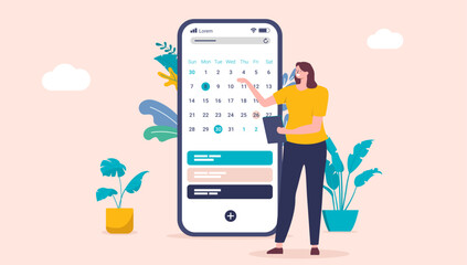 Poster - time management and calendar - project manager woman standing with calendar on phone screen planning