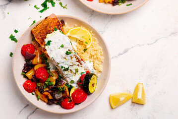 Poster - Moroccan  salmon with vegetables and couscous