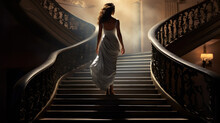 A Girl In A Wedding Dress Is Walking Up The Stairs. Beige Dress. Beautiful Lady In Luxurious Ballroom Dress Walking Up The Stairs Of Her Palace. Baluster Railing On Both Sides. Vintage Concept