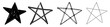 Set of Hand Drawn Stars. Infantile Style Pencil and Chalk-Like Black Stars. No Background. Doodle Style Sloppy Stars. Set of Freehand Stars of Irregular Shape.