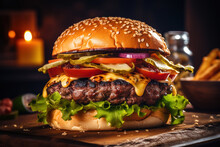 Close-up Of A Juicy Delicious Burger, Food, Generative Ai 