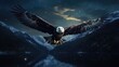 A bald eagle flying over a lake at night