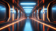This 3D rendering showcases neon-lit spaceship panel walls and a sleek space station corridor..