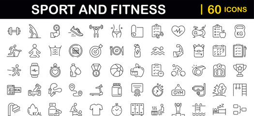 Sport and Fitness set of web icons in line style. Gym and health care. Healthy lifestyle icons. Nutrition and dieting, training, body care, healthy food, workout, muscle, weight and more