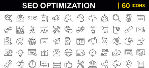 Poster - SEO Optimisation set of web icons in line style. Search Engine Optimization. Business, traffic, optimization, target. Search Engine and Marketing icons for web and mobile app. Vector illustration