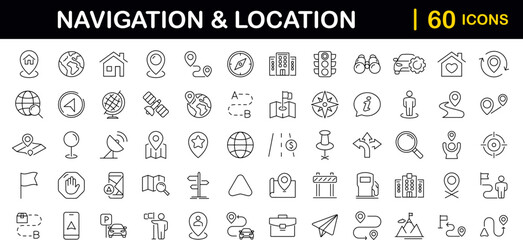 Aufkleber - Navigation and location set of web icons in line style. Map location and navigation icons for web and mobile app. Map pin, GPS, compass, navigator, marker, map, pointer, traffic, travel, direction