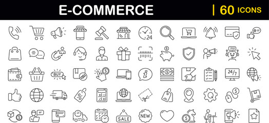 Poster - E-Commerce set of web icons in line style. Online shopping icons for web and mobile app. Business, mobile shop, digital marketing, bank card, gifts, sale, delivery. Vector illustration