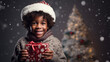 Black african american child with a Christmas present during Christmas time. Little child recieving a Christmas present. Happy child smiling with a present. Christmas background.
