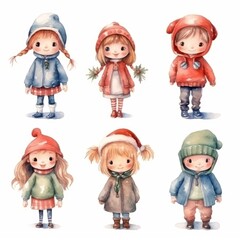 Set of Christmas watercolor hand drawn illustration of happy children in winter clothes. Cute Christmas holiday children