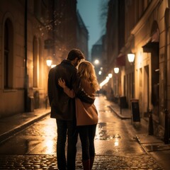 Poster - a man and woman hugging on wet street