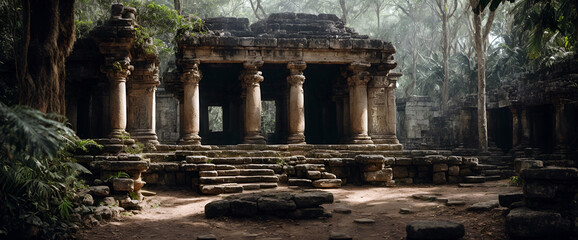 Exotic ancient city temple ruins deep in the forest
