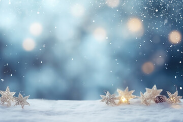 blue and white winter background with falling snow and bokeh and little stars decoration with space for text, christmas and winter background