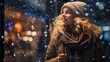 Picture of a happy woman standing outside a store at night and gazing at a display of Christmas lights