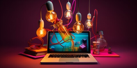 Poster - A Laptop Surrounded by a Glowing Light Bulb and Colorful Idea Objects, Signifying the Dynamic Intersection of Marketing, Creative Campaigns, Business Solutions, and Startup Success, Fueled by Entrepre