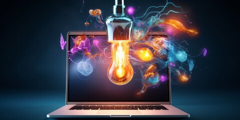 Poster - A Laptop Surrounded by a Glowing Light Bulb and Colorful Idea Objects, Signifying the Dynamic Intersection of Marketing, Creative Campaigns, Business Solutions, and Startup Success, Fueled by Entrepre