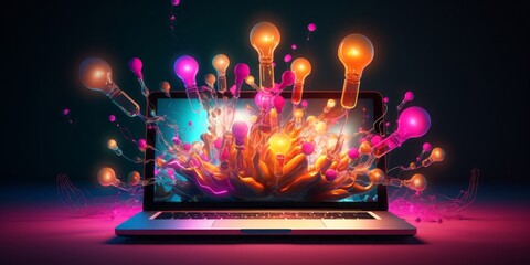 Poster - A Laptop Surrounded by a Glowing Light Bulb and Colorful Idea Objects, Signifying the Dynamic Intersection of Marketing, Creative Campaigns, Business Solutions, and Startup Success, Fueled by Entrepre