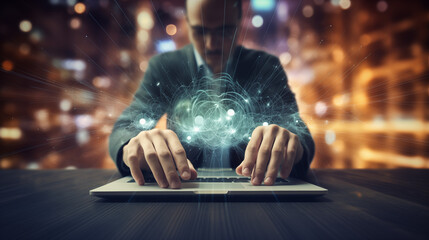 A man in business attire touching a laptop screen showing a blue AI image digital