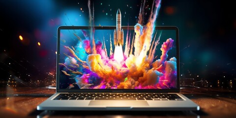 Poster - Launching Success: A Rocket Takes Off from a Laptop Screen, Signifying the Thrilling Start-Up Journey, Business Success, and the Creative Power of IT and IoT, Fueled by Innovative Business Plans