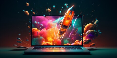 Poster - Launching Success: A Rocket Takes Off from a Laptop Screen, Signifying the Thrilling Start-Up Journey, Business Success, and the Creative Power of IT and IoT, Fueled by Innovative Business Plans