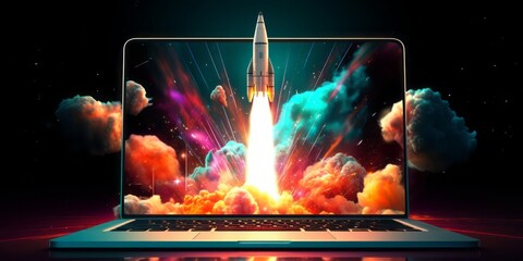Poster - Launching Success: A Rocket Takes Off from a Laptop Screen, Signifying the Thrilling Start-Up Journey, Business Success, and the Creative Power of IT and IoT, Fueled by Innovative Business Plans