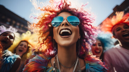 Beautiful young woman having fun at a colorful music festival. Happy girl enjoying and dancing. Summer vacation, vacation concept.