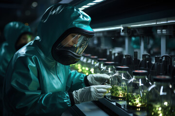 Canvas Print - A researcher inspecting a bioreactor filled with thriving microorganisms, essential for biofuel production. Concept of renewable energy and bioprocessing. Generative Ai.