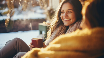 Two young women friends, wrapped in a warm blanket, warm themselves, drink hot drinks in a cozy atmosphere. Active communication and friendship in winter.