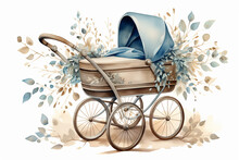 A Simple Watercolor Baby Carriage Decorated With Leaves And Eucalyptus, Generative AI