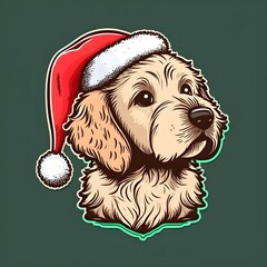 Wall Mural - Cute dog head in Santa red hat